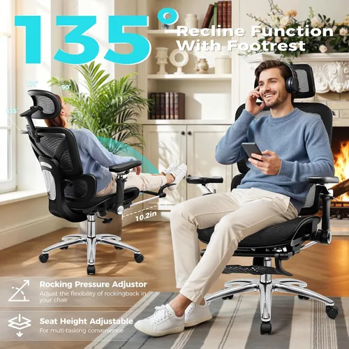 Vista 6 de Ergonomic Mesh Office Chair with Footrest, Big and Tall Home Desk Chair with 5D Flip-Up Arms, Adjustable Lumbar Support, Gaming & Executive Computer