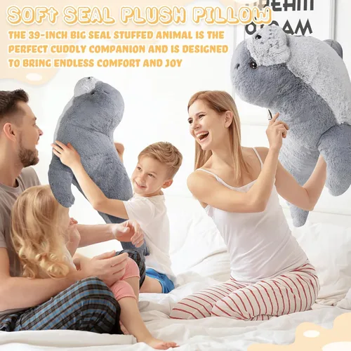 Vista 6 de Poen Peluche de foca gigante de 39 pulgadas, grande, grande, suave, tierno, color gris, adorable almohada grande, regalo para niños, compañero