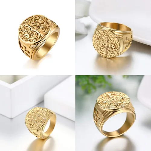 Vista 4 de Anillo de exorcismo de San Benito para hombre, acero inoxidable, cruz católica, oro y cazador de fantasmas, talla 8-13, con caja de regalo