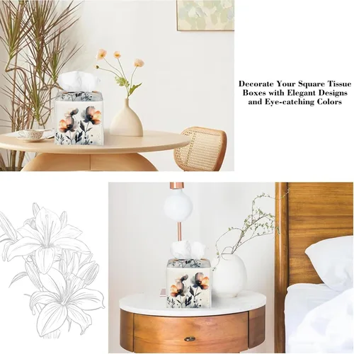 Vista 5 de Caja de pañuelos con diseño floral de amapola marrón con acuarela, diseño de flores abstractas de cuero, soporte decorativo para caja de papel