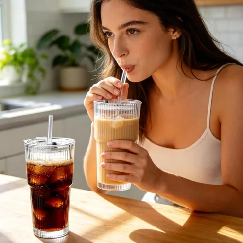 Vista 6 de Vaso de vidrio acanalado de 20 onzas, tazas de café helado con tapas y pajitas, vaso grueso reutilizable para llevar, ideal para café, batidos