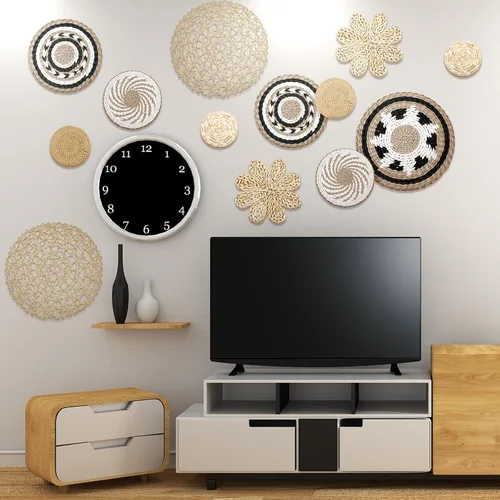Vista 5 de Glenmal Juego de 13 cestas de pared estilo boho decoradas con ratán tejido plano hecho a mano, estilo bohemio de mimbre y bambú con decoración