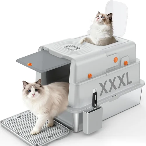 Vista 9 de Soulbond Caja de arena de acero inoxidable para gatos con tapa, caja de arena de metal grande cerrada con cajón y puerta abatible para gatos