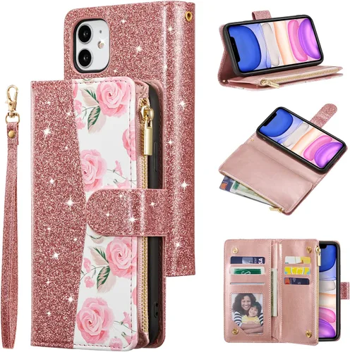 Vista 12 de UEEBAI Funda tipo cartera para iPhone 11 de 6.1 pulgadas, piel sintética con purpurina, cierre magnético, bolsillo con cremallera, ranuras