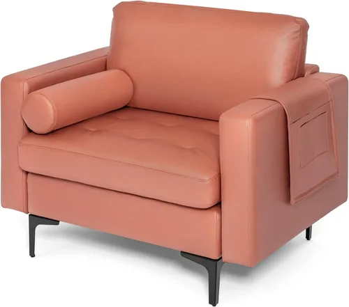 Vista 16 de Giantex Sofá individual, silla decorativa, sillón con cojín cómodo, bolsillos para revistas, sala de estar, silla de ocio tapizada para dormitorio