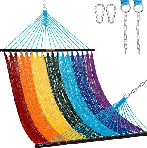 Vista 20 de Lazy Daze Hammocks Hamaca doble de cuerda caribeña de 10.5 pies para 2 personas, hamaca de poliéster tejida a mano con barras separadoras