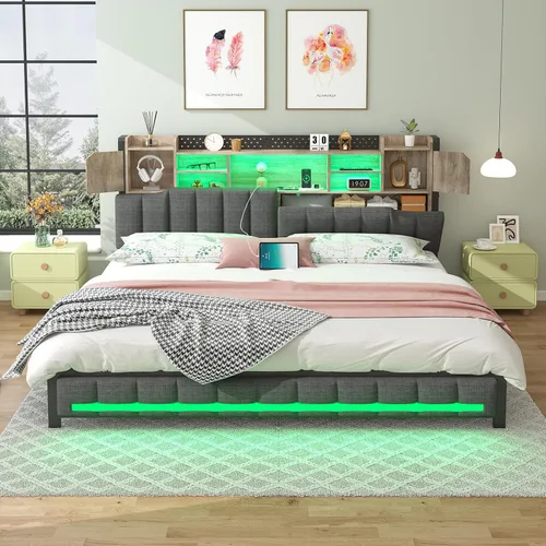 Vista 11 de CSZZD Base de cama Queen con 4 cajones de almacenamiento y cabecera de estantería, marco de cama LED tapizado Queen con estación de carga tipo C
