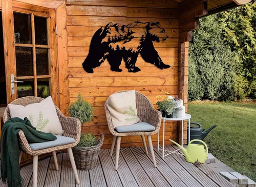 Vista 3 de Decoración de pared de metal con oso, arte de pared grande para exteriores, decoración de montaña y naturaleza, decoración de pared de bosque