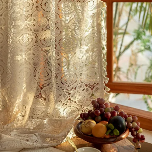 Vista 53 de YJ YANJUN - Cortinas de café boho, 24 pulgadas de largo, 2 paneles, cada una de 59" de ancho x 24" de largo, beige, con crochet, cortinas de cocina