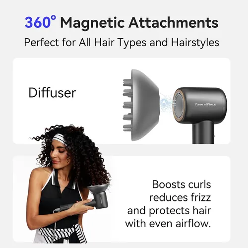 Vista 2 de Secador de Pelo BeautiFlow 110,000 RPM Motor Sin Escobillas de Alta Velocidad Iónico, con Difusor y Boquilla Suavizante, Bajo Nivel de Ruido, Ligero