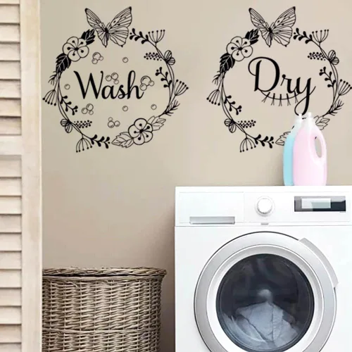 Vista 4 de Calcomanías de pared para cuarto de lavado, calcomanías de vinilo de burbujas secas con texto en inglés «Today Naked Tomorrow»