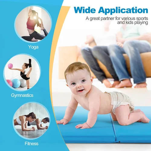 Vista 8 de Goplus Esterilla de Gimnasia Plegable, 6' x 2' x 2'' de Grosor Tri-Fold Esterilla de Ejercicio y Volteretas con Asas de Transporte, Cierre de Gancho