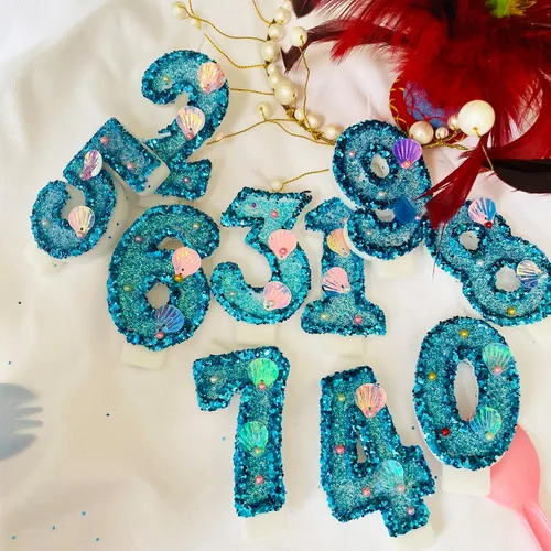 Vista 5 de Vela de número azul, velas de número con lentejuelas en forma de concha para pasteles de cumpleaños, suministros para fiestas con temática