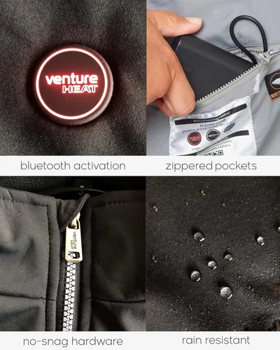 Vista 5 de Venture Heat Men's Bluetooth Heated Jacket with Battery Pack Included - App Control Soft Shell Coat with Hand Warmers 7.4V