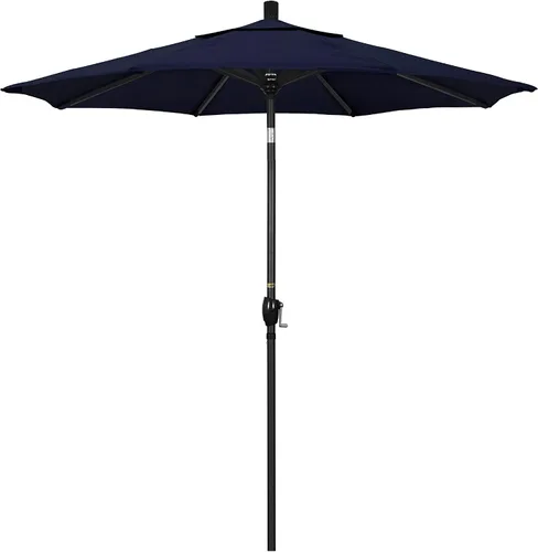 Vista 2 de California Umbrella Sombrilla redonda de aluminio de 7.5 pies, manivela para elevación, botón de inclinación, poste negro, azul marino Pacífica