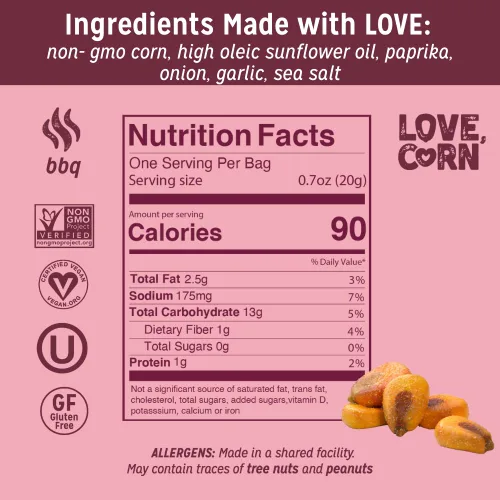 Vista 2 de LOVE CORN BBQ 0.7oz x 20 bolsas – Delicioso maíz crujiente – Snacks familiares saludables – Sin gluten, Kosher, sin OGM – Alternativa para papas