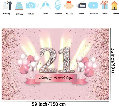 Vista 2 de Decoraciones de feliz cumpleaños 21 para mujer, pancarta de fondo para fiesta, póster de tela de aniversario, fondo de foto rosa, suministros