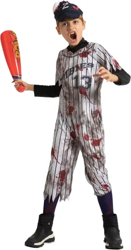 Vista 2 de Spooktacular Creations Disfraces de jugador de béisbol zombi para niños, disfraz de Halloween aterrador para niños, fiestas de Halloween
