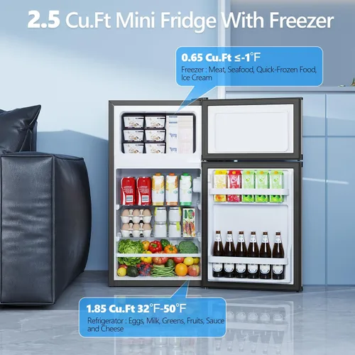 Vista 2 de Electactic - Mini refrigerador de 2.5 pies cúbicos con congelador, refrigerador compacto de doble puerta, estantes de vidrio ajustables, termostato