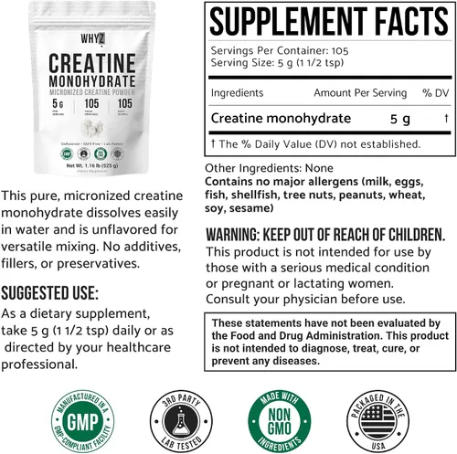 Vista 2 de Monohidrato de creatina en polvo, micronizado y sin sabor, suplemento de creatina para hombres y mujeres, apoyo muscular, fuerza y recuperación, 105