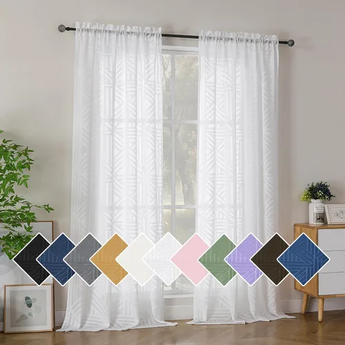 Vista 93 de Simplebrand Cortinas traslúcidas negras de cocina de 24 pulgadas de largo, 2 paneles, filtrado de luz, geométrico jacquard con textura, cortinas