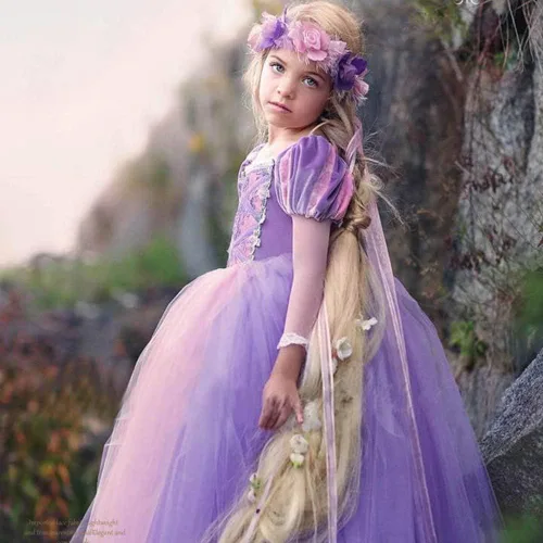 Vista 5 de MYRISAM Disfraz de princesa Rapunzel de Sofía para niñas, disfraz de Halloween, fiesta de disfraces, cosplay, vestido de cumpleaños de cuento