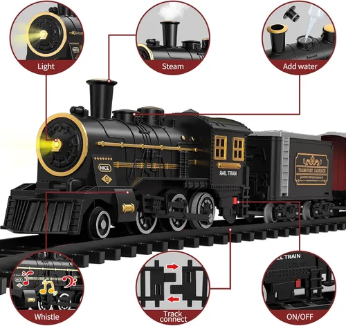 Vista 3 de TEMI Juego de tren para niños de 3 a 12 años, locomotora eléctrica clásica con vapor, luz y sonidos, modelo recargable, kit de trenes de juguete