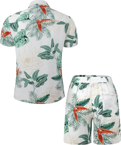 Vista 3 de Atwfo Conjunto de camisa hawaiana y pantalón corto para hombre, conjunto de 2 piezas para vacaciones, casual, con botones, playa, trajes florales