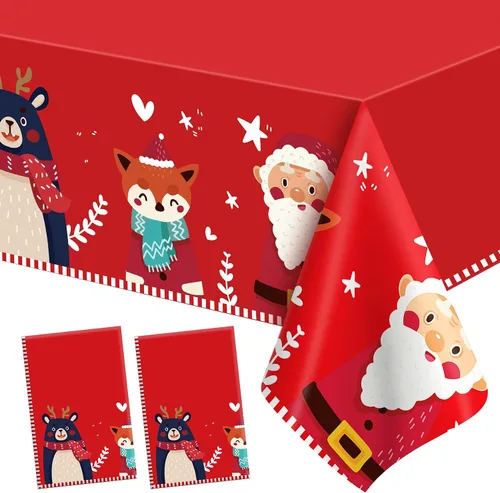 Vista 10 de Mantel de Navidad, 2 piezas de mantel desechable de plástico rojo, mantel de 54 x 108 pulgadas para decoraciones de Navidad, mantel de árbol