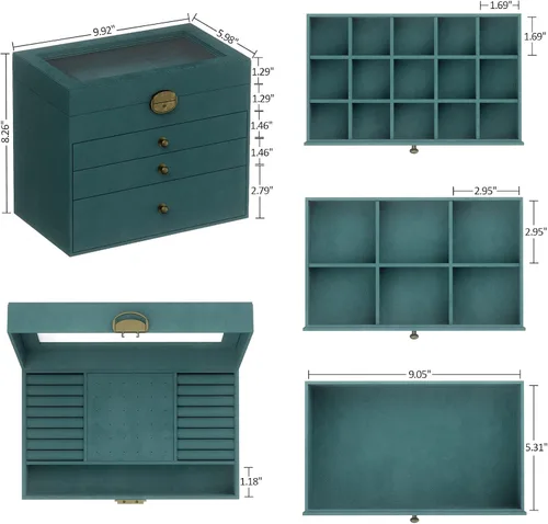 Vista 4 de Somduy Joyero para mujeres y niñas 4 capas organizador de joyas vintage y caja de exhibición almacenamiento de collar de gran capacidad para aretes