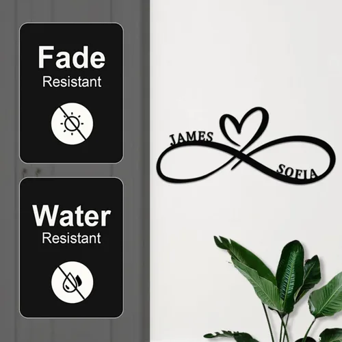 Vista 3 de Letrero de metal personalizado para boda, nombre y fecha de pareja con diseño de corazón infinito, decoración de pared única y aniversario, regalo