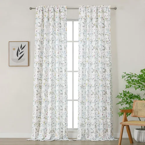 Vista 22 de Chyhomenyc Cortinas de mezcla de lino de 63 pulgadas de largo, 2 paneles de cortina con estampado floral filtrante de luz para sala de estar