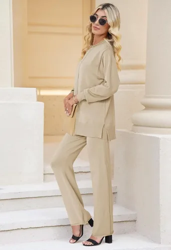 Vista 6 de Linsery Conjunto de 2 piezas para mujer, suéter de punto de cuello alto, pantalón de pierna ancha, conjunto de ropa de descanso