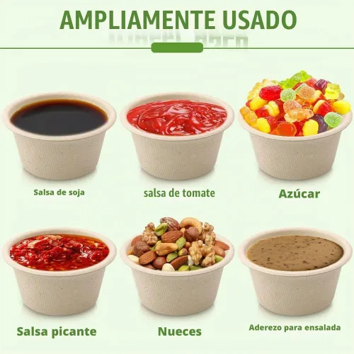 Vista 8 de Vmiapxo 100 juegos de tazas de condimento de fibra de bagazo natural de 2 onzas con tapas, recipientes de condimentos de salsa compostables, platos
