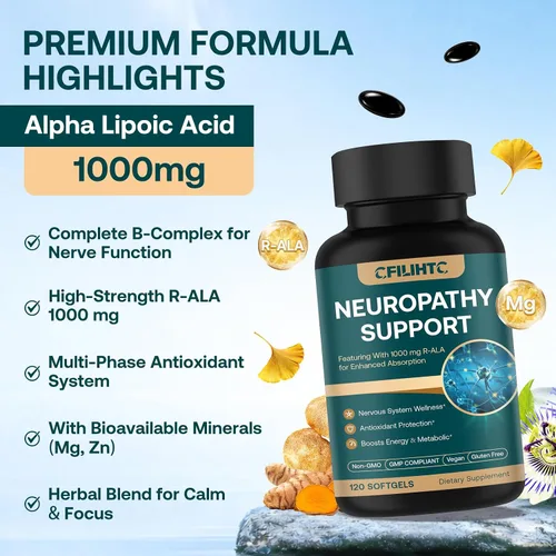 Vista 6 de Suplemento nervioso de apoyo a la neuropatía - Suplemento avanzado de ácido R-alfa lipoico con benfotiamina, NAC y complejo B para la salud