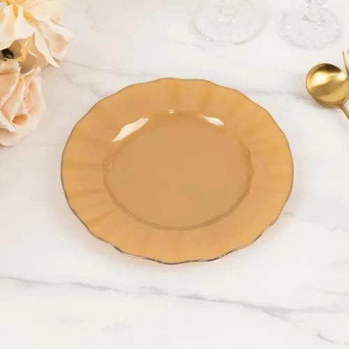 Vista 48 de Efavormart 10 Pack Platos redondos de plástico negro de 6" para postre y ensalada, platos desechables para aperitivos con borde ondulado dorado