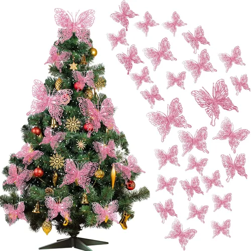 Vista 9 de Charniol 36 piezas de 3 tamaños para árbol de Navidad, decoraciones de mariposa hueca con purpurina, adornos colgantes con clips para manualidades