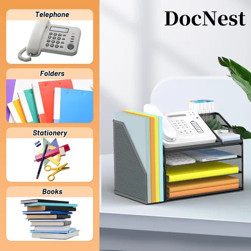 Vista 7 de DocNest - Organizador de archivos de 4 niveles con bandeja para cartas, organizador de escritorio de malla con asa, organizadores de escritorio