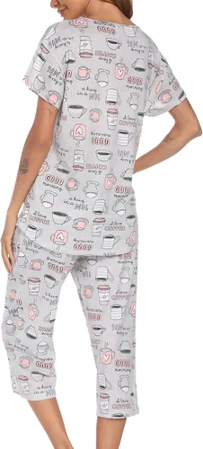 Vista 5 de ENJOYNIGHT Conjunto de pijama de algodón para mujer, parte superior de manga corta y pantalones capri, ropa de dormir de 2 piezas