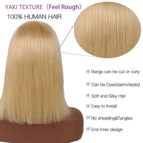 Vista 4 de Peluca de cabello humano lacio rubio 613 de 15 pulgadas con flequillo, sin pegamento, sin encaje frontal, Yaki Bob para mujer