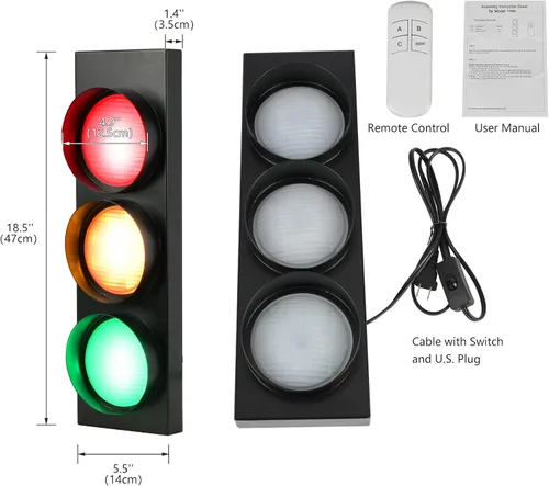 Vista 3 de HOMIER Lámpara de pared de semáforo, lámpara LED de tráfico de estilo retro con control remoto, decoración de luz de parada de tráfico de sala