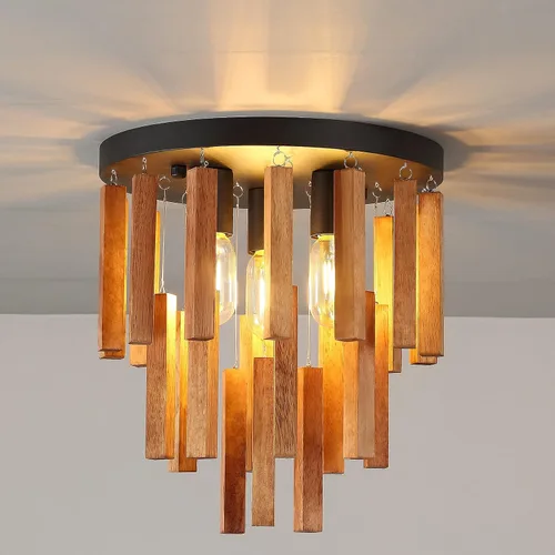 Vista 10 de Lámparas de techo semiempotradas de 3 luces, lámpara de madera bohemia, lámpara de techo de roble y negro con E26 para cocina, sala de estar