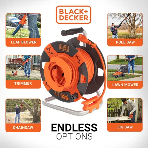 Vista 3 de BLACK+DECKER - Carrete de cable de extensión retráctil inversa de 50 pies Cable SJTW de 14 AWG, mango de rebobinado resistente, ideal