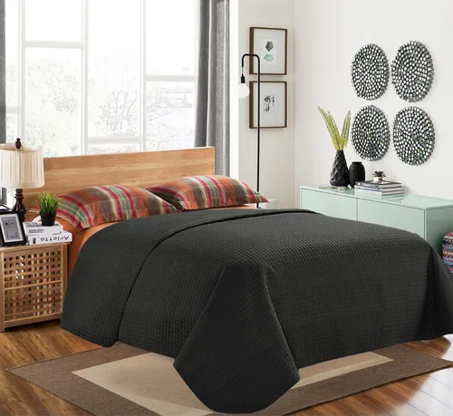 Vista 5 de Alpha Home - Colcha de cama ligera y acolchada, diseño de cuadros., Microfibra, Negro, Full/ Queen