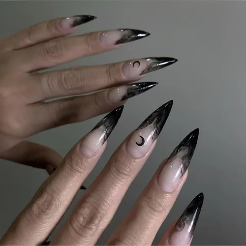 Vista 10 de Uñas postizas largas a presión estilo stiletto, uñas postizas francesas degradadas blancas, uñas postizas brillantes de cobertura completa