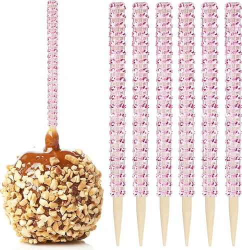 Vista 15 de 32 PIEZAS de Palitos de Manzana de Caramelo Brillantes de Bambú, Brochetas de Punta de Madera con Envoltura de Malla de Diamantes y Pedrería Negro