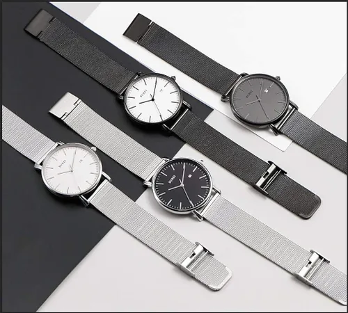 Vista 6 de BUREI Reloj de pulsera analógico de cuarzo ultrafino, calendario de fecha, correa de malla de acero inoxidable