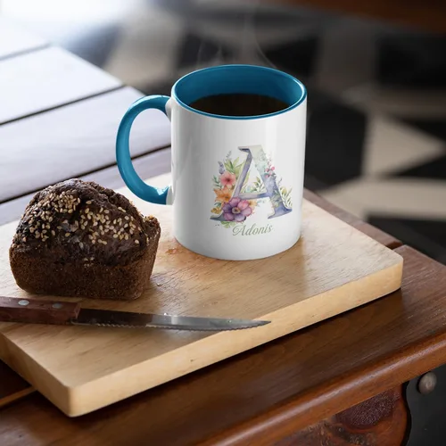 Vista 3 de Taza de café personalizada de la letra A del alfabeto, Taza de café blanca con nombre personalizado único, Taza inicial de monograma floral