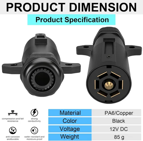 Vista 7 de Enchufe de remolque de 7 pines con sello impermeable, conector de 7 vías lateral del remolque, enchufe de arnés de cableado redondo de 7 vías