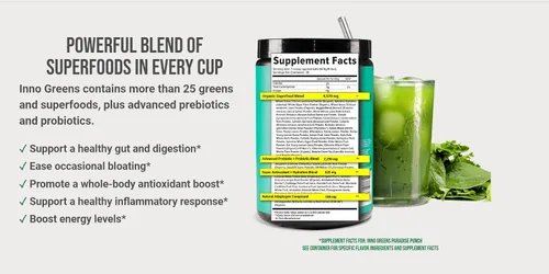 Vista 7 de Inno Greens Más de 28 verduras orgánicas y superalimentos Prebióticos avanzados + probióticos Superantioxidante + hidratación Espirulina